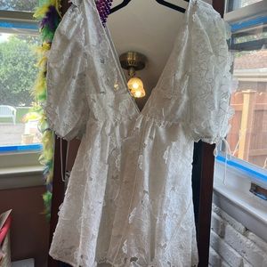 For love and lemons white embroidered flowers bridal dress Leighton mini